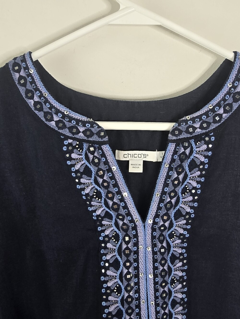 Chico's Navy Blue Embroidered Beaded Linen Tunic Dress Boho Size 1 US 8 Pockets - Picture 6 of 15